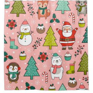 Cortina Para Box Personagem de desenho animado, pinheiros e natal,