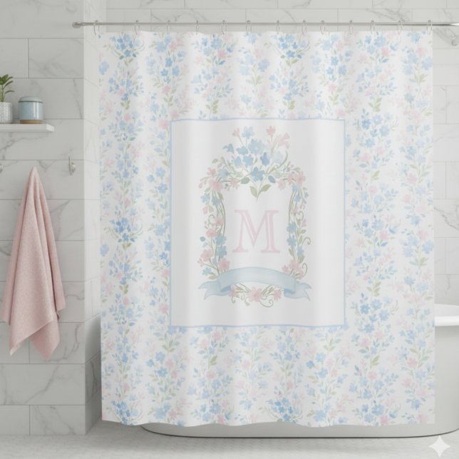 Cortina Para Box Personalized Floral Monogram Shower Curtain (elegant girly preppy grandmillennial floral crest shower curtain with custom monogram initial)