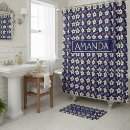 Cortina Para Box Personalized Navy Blue Floral Bathroom