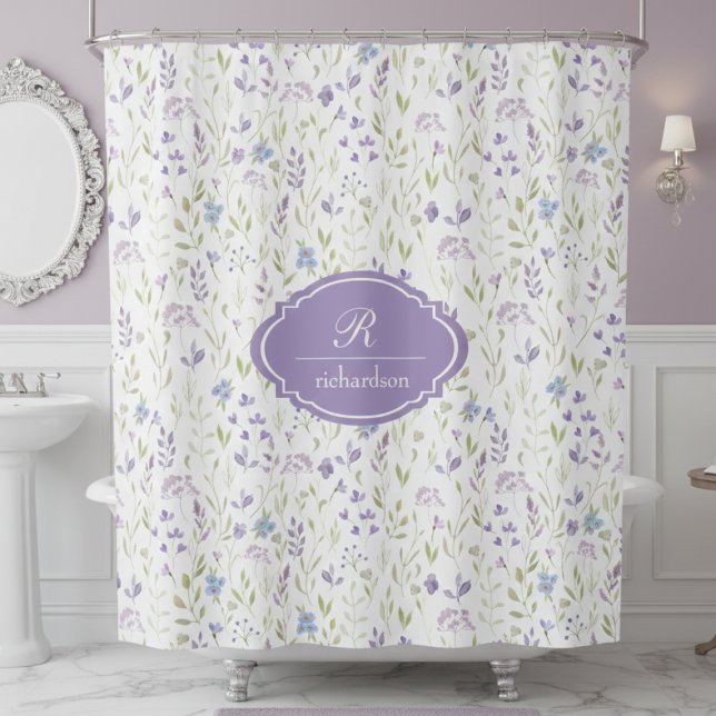 Cortina Para Box Personalized Purple Floral Monogram (purple wildflower floral meadow garden shower curtain with custom monogram name and initial)