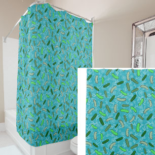 Cortina Para Box Picles e Flores Fantasiosos Azul Turquesa