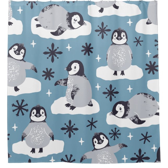Cortina Para Box Pinguins Flocos de neve Inverno Padrão de Insola (Frente)