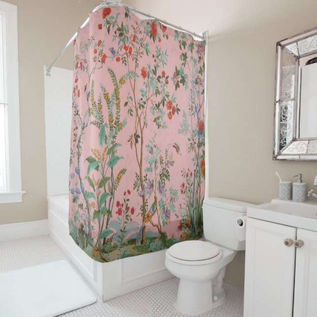Cortina Para Box Pink Chinoiserie Bird Floral Elegant (In Situ)