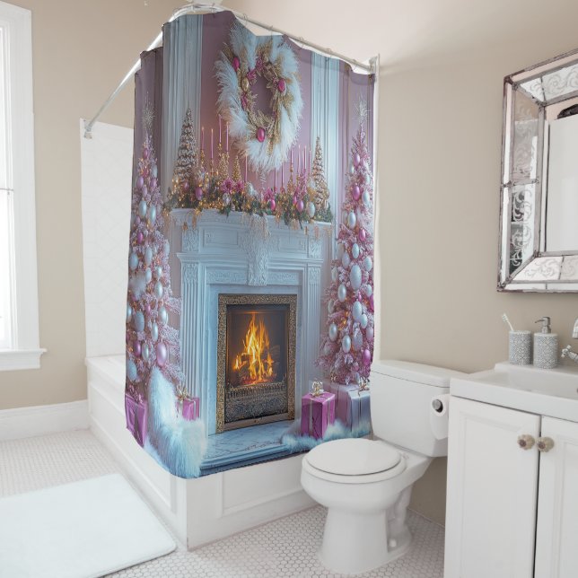 Cortina Para Box Pink Christmas Tree Pink Candles Fireplace Ostrich (In Situ)