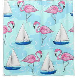 Cortina Para Box Pink Flamingo Blue Sailboat Preppy