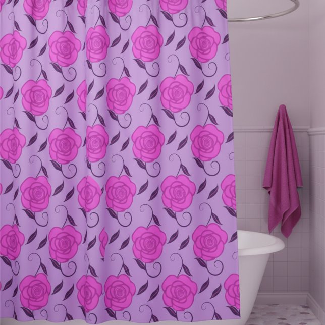 Cortina Para Box Pink Roses On Purple (Soft, romantic & feminine. Pink roses on a pale purple background will make your bathroom beautiful.)