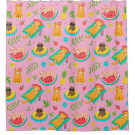 Cortina Para Box Pink Tropical Summer Cats