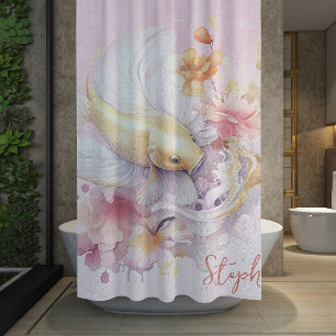 Cortina Para Box Pink Watercolor Dourado Koi Fish Floral Personaliz