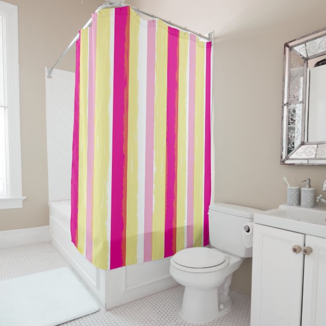 Cortina Para Box Pink White Yellow Summer Vertical Stripes (In Situ)