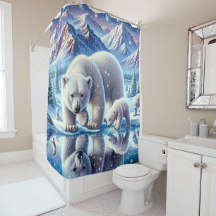 Cortina Para Box Pintura de Cena Neve da Família Polar Bear