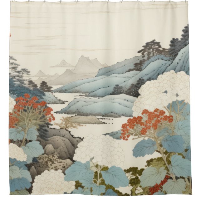 Cortina Para Box Pintura de jardim Hydrangea ao ar livre. (Frente)