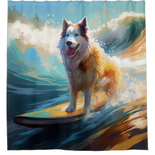 Cortina Para Box Pintura de Malamute do Alasca Surfando na Praia