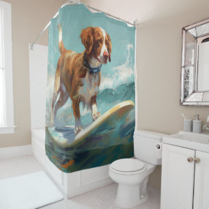 Cortina Para Box Pintura de Surf na Praia com Brittany Spaniel