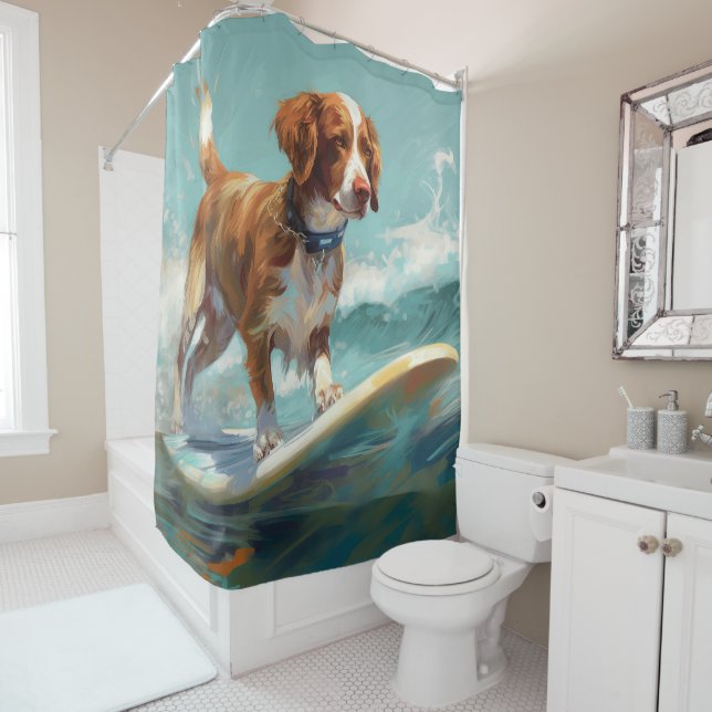 Cortina Para Box Pintura de Surf na Praia com Brittany Spaniel (In Situ)