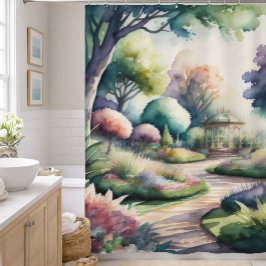 Cortina Para Box Pintura em Aquarela de Paisagem de Jardim
