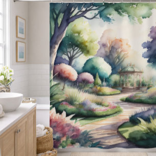 Cortina Para Box Pintura em Aquarela de Paisagem de Jardim