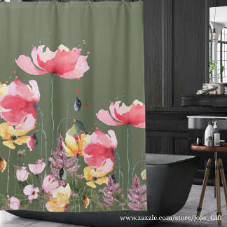 Cortina Para Box Pintura natural artística aguarela floral cinza