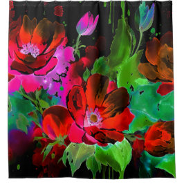 Cortina Para Box Pintura por Aquarela de Flores Vermelhas em Preto