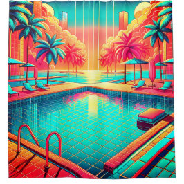 Cortina Para Box "Piscina tropical com paisagem urbana - Arte retrô