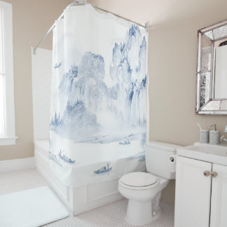 Cortina Para Box PixDezine Blue Chinoiserie Vale Paisagem de Vida