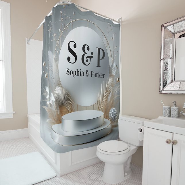 Cortina Para Box Pódio Cinza Prata Monograma Moderno Casamento Scri (Criador carregado)