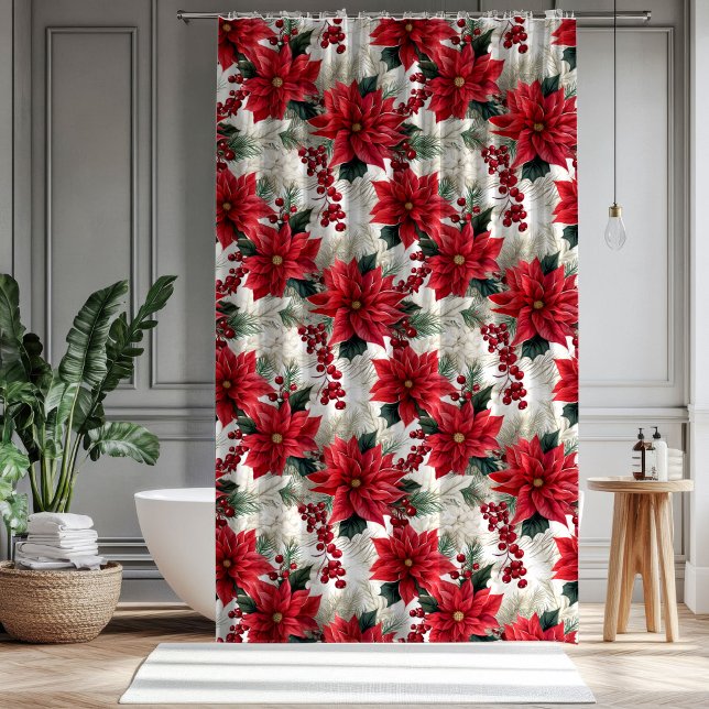 Cortina Para Box Poinsettia Pattern Curtain Classic Holiday Look (Poinsettia Pattern Curtain Classic Holiday Look)
