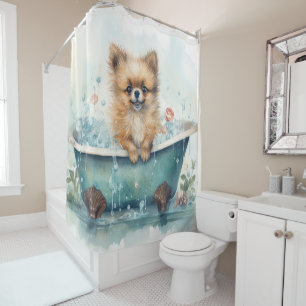 Cortina Para Box Pomeraniana Em Bathtub Watercolor Dog Art