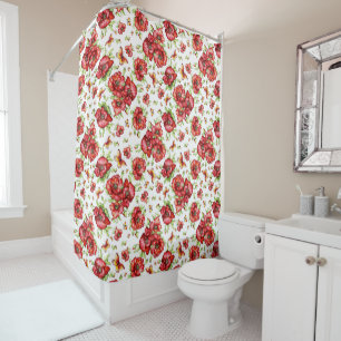 Cortina Para Box Poppies vermelhos com folhagem verde em fundo bran