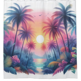 Cortina Para Box Pôr do Sol Tropical Rosa Adorável em Aquarela