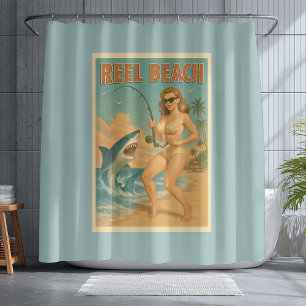 Cortina Para Box Praia de Carretel de Pesca de Tubarão Pin-Up Retro