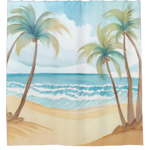 Cortina Para Box Praia Havaiana   Árvore de Palmeira Aquarela Tropi
