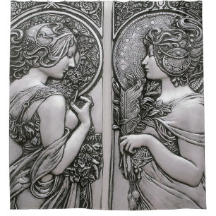Cortina Para Box Prata, Art nouveau, design, fêmeas, Mucha, beleza