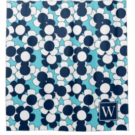 Cortina Para Box Preppy Daisy Bloom – Turquesa & Monograma Azul Mar