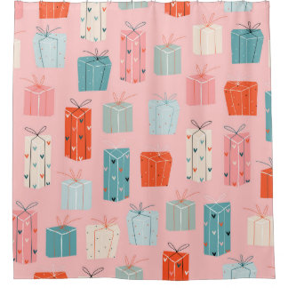 Cortina Para Box Presentes de Natal, fundo rosa, padrão de colheita
