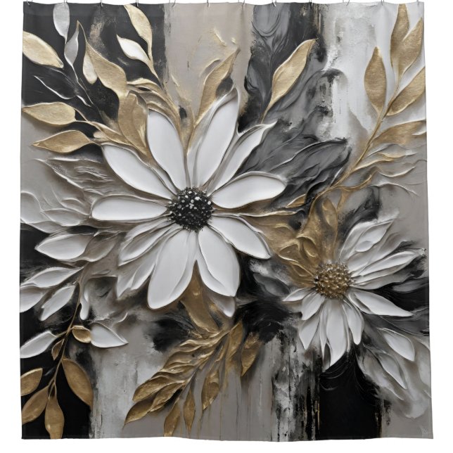 Cortina Para Box Preto Branco Dourado Cinza Estampa Floral (Frente)
