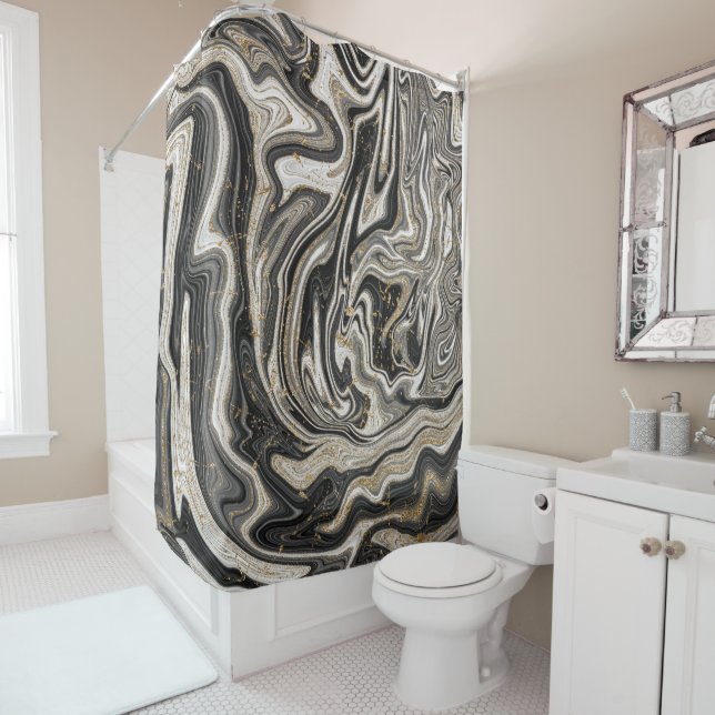 Cortina Para Box Preto Branco e Dourado Chic Swirl Moderno Abstrato (In Situ)