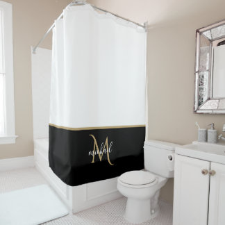 Cortina Para Box Preto | Branco & Monograma Ouro Luxo Elegante