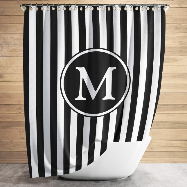 Cortina Para Box Preto Branco Padrão Listrado Monogramado (Black White Pattern Striped Monogrammed Shower Curtain)