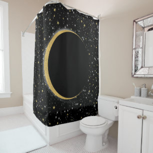 Cortina Para Box Preto & Dourado Lua Celestial Mágica Estrelas Luna