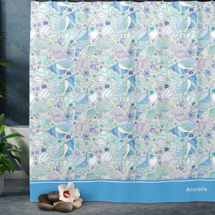 Cortina Para Box Pretty Ocean Seashell Pattern with Name Blue