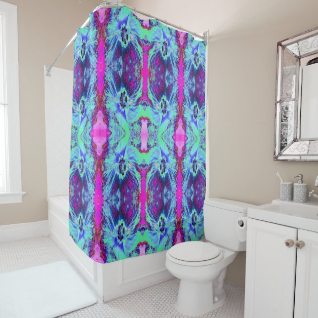 Cortina Para Box Psicodélico Verde e Padrão de Hibisco Azul (In Situ)