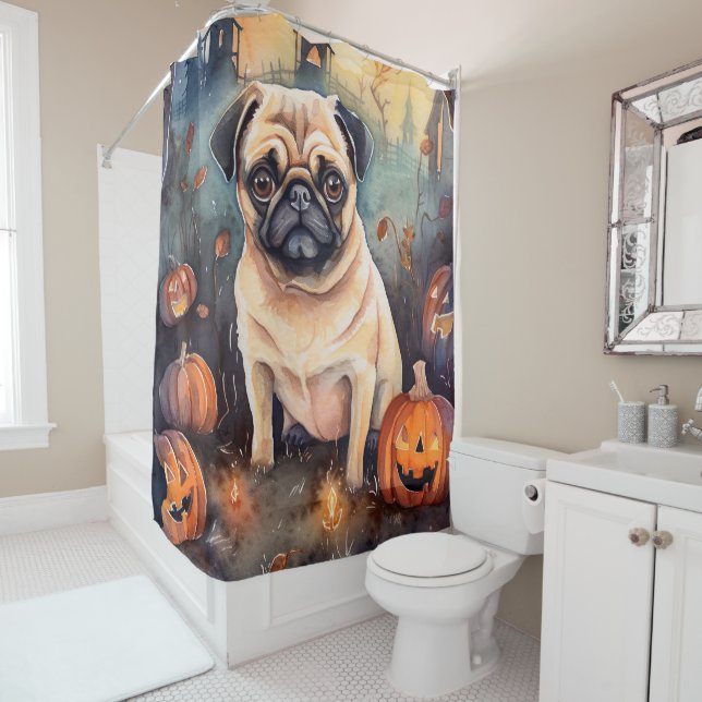 Cortina Para Box Pug De Halloween Com Pumpkins Assustado (In Situ)