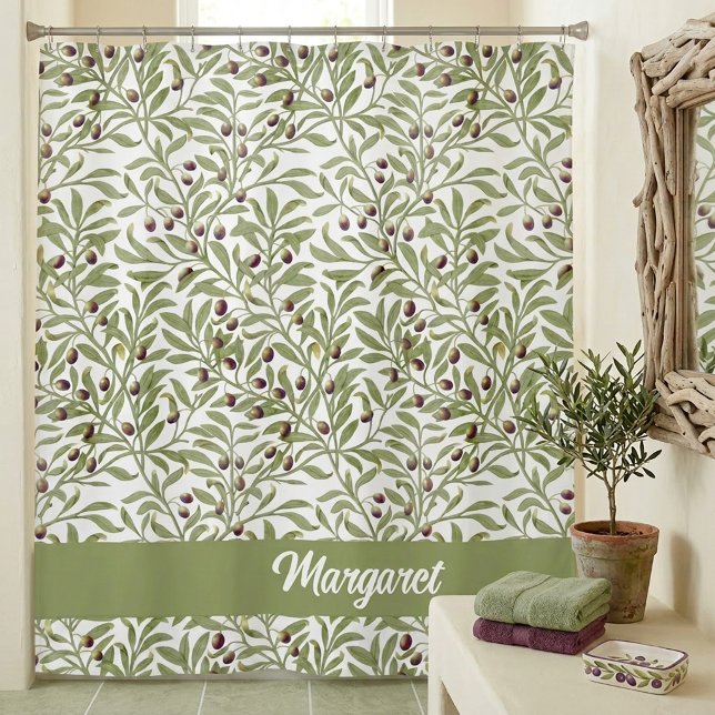 Cortina Para Box Ramo de Oliveira em Verde Sálvia Botânico Monogram (Olive Branch Sage Green Botanical Monogram Shower Curtain)
