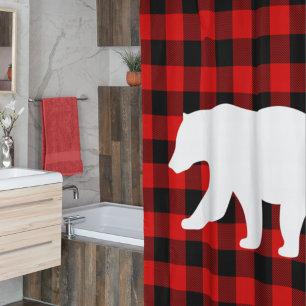Cortina Para Box Red Buffalo Plaid & White Bear