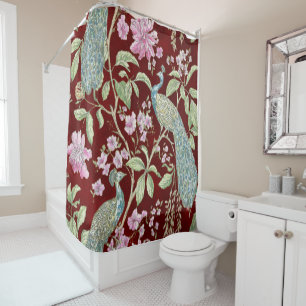 Cortina Para Box Red Chinoiserie pavão floral elegante