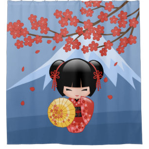 Cortina Para Box Red Sakura Boneca Kokeshi Boneca Geisha Azul
