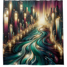 Cortina Para Box "Reflexões Teais: paisagem urbana vibrante à noite