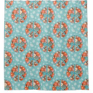 Cortina Para Box RETRO anos 60 70 Hippy Floral Sinal de Paz Azul La