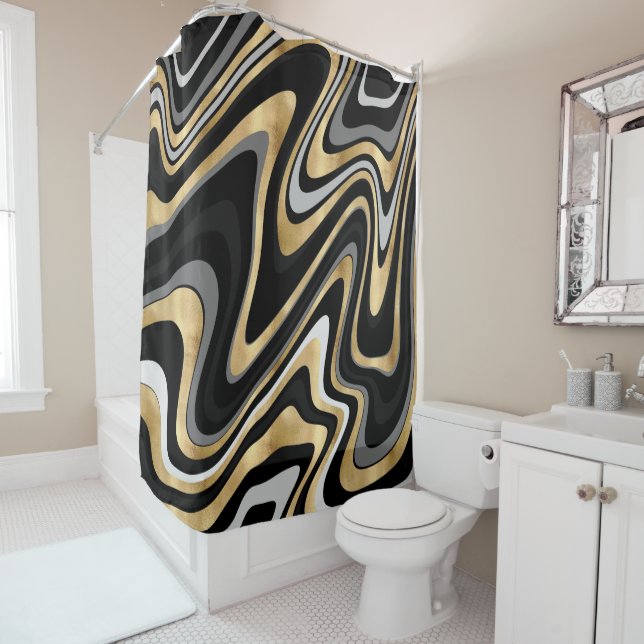 Cortina Para Box Retro Black Dourado Wavy Lines Modern Design (In Situ)