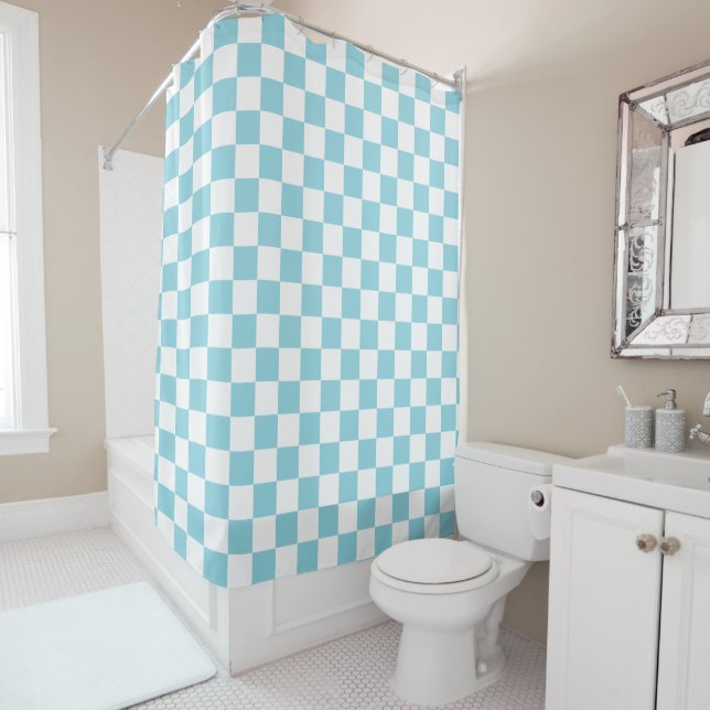 Cortina Para Box Robin Egg Blue com padrão quadrado branco (In Situ)